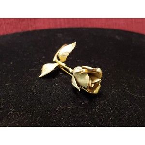 Vintage Unsigned Rose Floral Brooch Pin, Gold Tone Rose With Stem And Leaves